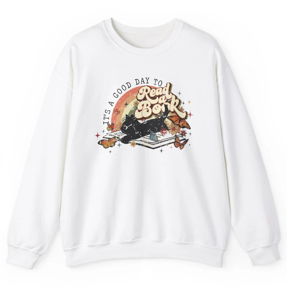 Retro Vintage Black Cat Its A Good Day To Read A Book Reader Unisex Crewneck Sweatshirt