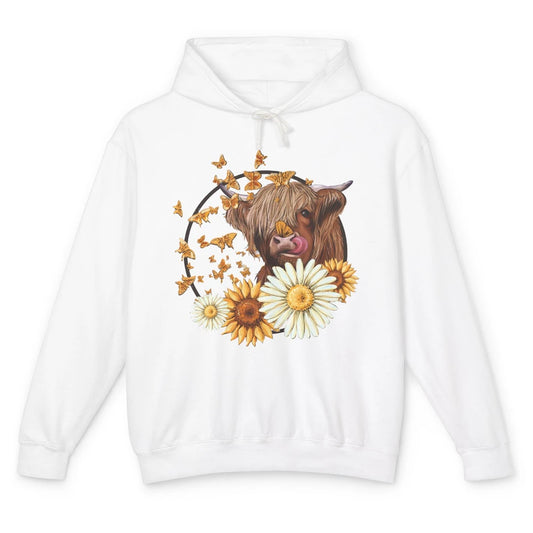 Highland Cow Sunflowers And Daisies Cow Flower Farm Country Unisex Lightweight Hoodie