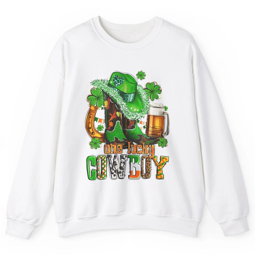 Western Lucky Cowboy Boots Clover Leopard St Patricks Day Unisex Crewneck Sweatshirt