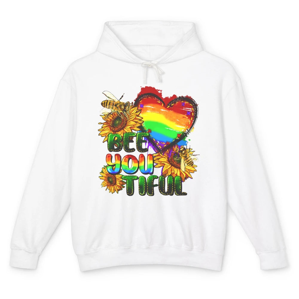 Bee You Tiful Pride Heart Rainbow Sunflower LGBT Pride Month Unisex Lightweight Hoodie