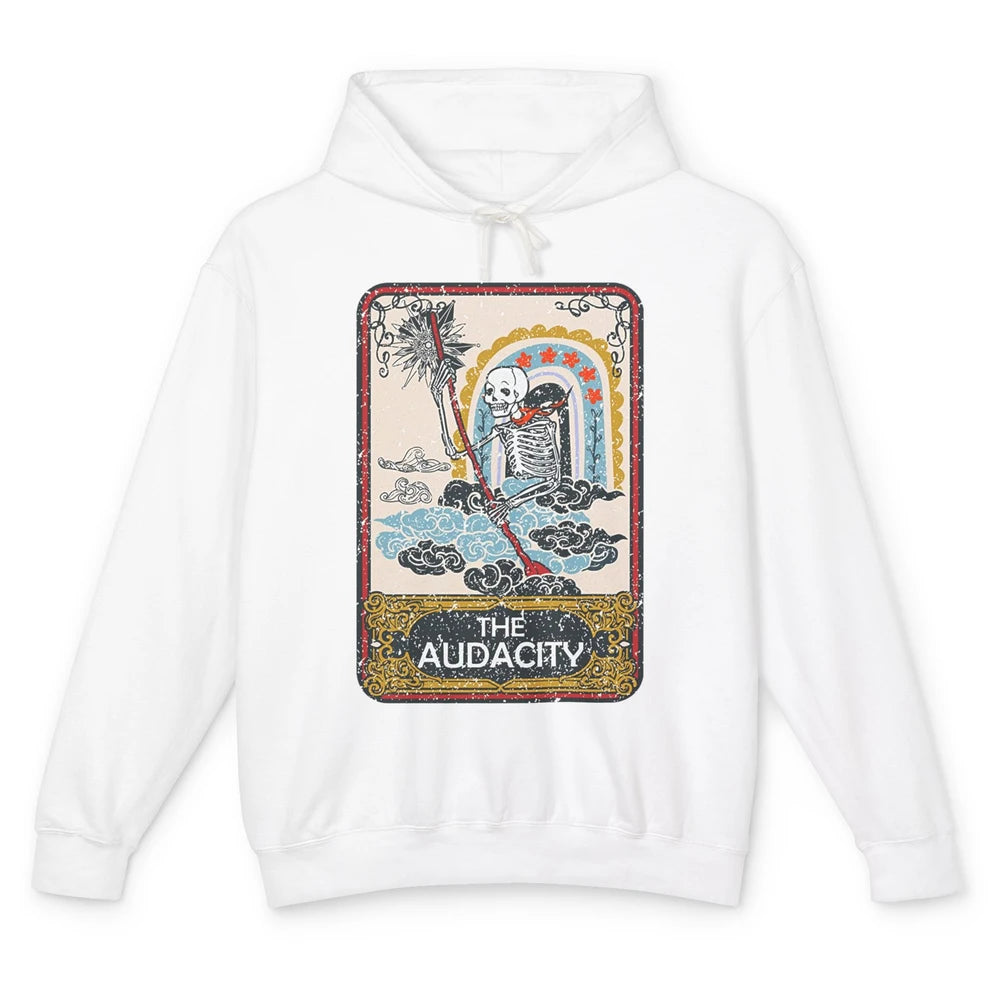 Retro Skeleton Riding Clouds Rainbow The Audacity Tarot Card Unisex Lightweight Hoodie