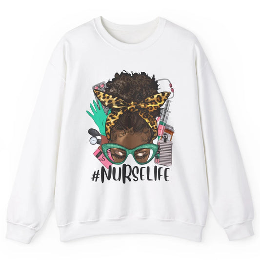 Afro Nurse Messy Bun Hair Black Melanin Nurse Life Leopard Unisex Crewneck Sweatshirt