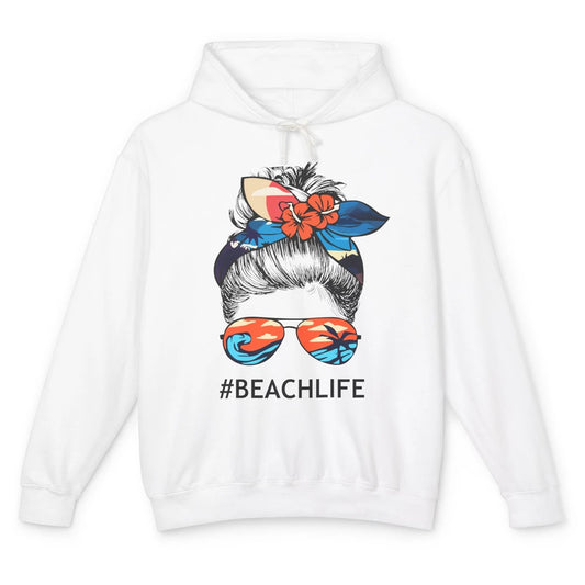 Beach Life Messy Bun Hawaiian Hair Retro Beach Palms Summer Unisex Lightweight Hoodie