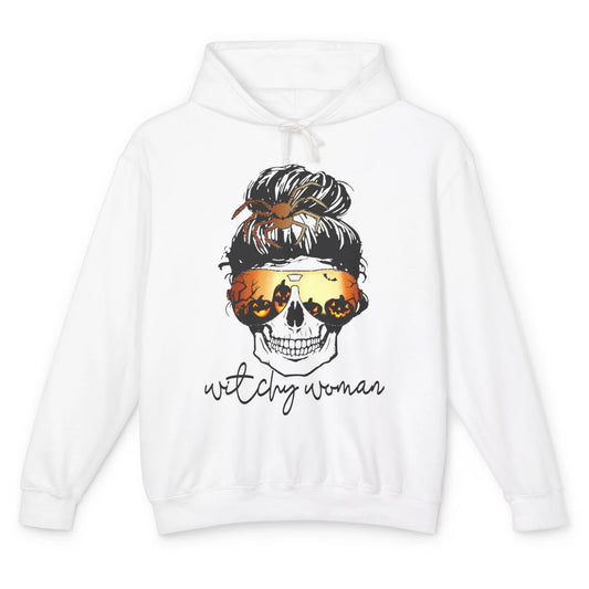 Witchy Woman Messy Bun Hair Skull Halloween Pumpkin Costume Unisex Lightweight Hoodie