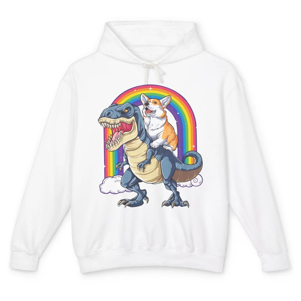 Funny Corgi Ride Dinosaur T Rex Cute Welsh Dog Pet Rainbow Unisex Lightweight Hoodie