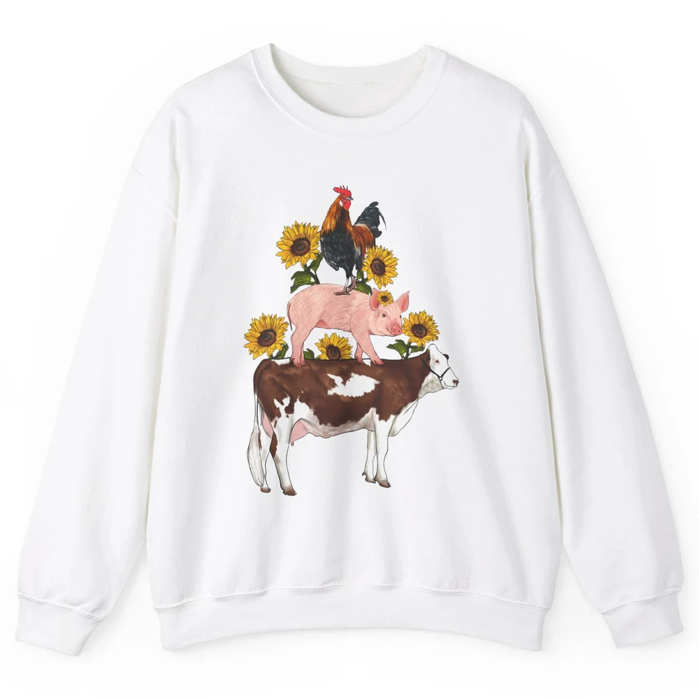 Sunflower Western Farm Life Animals Vegan Cow Pig Rooster Unisex Crewneck Sweatshirt