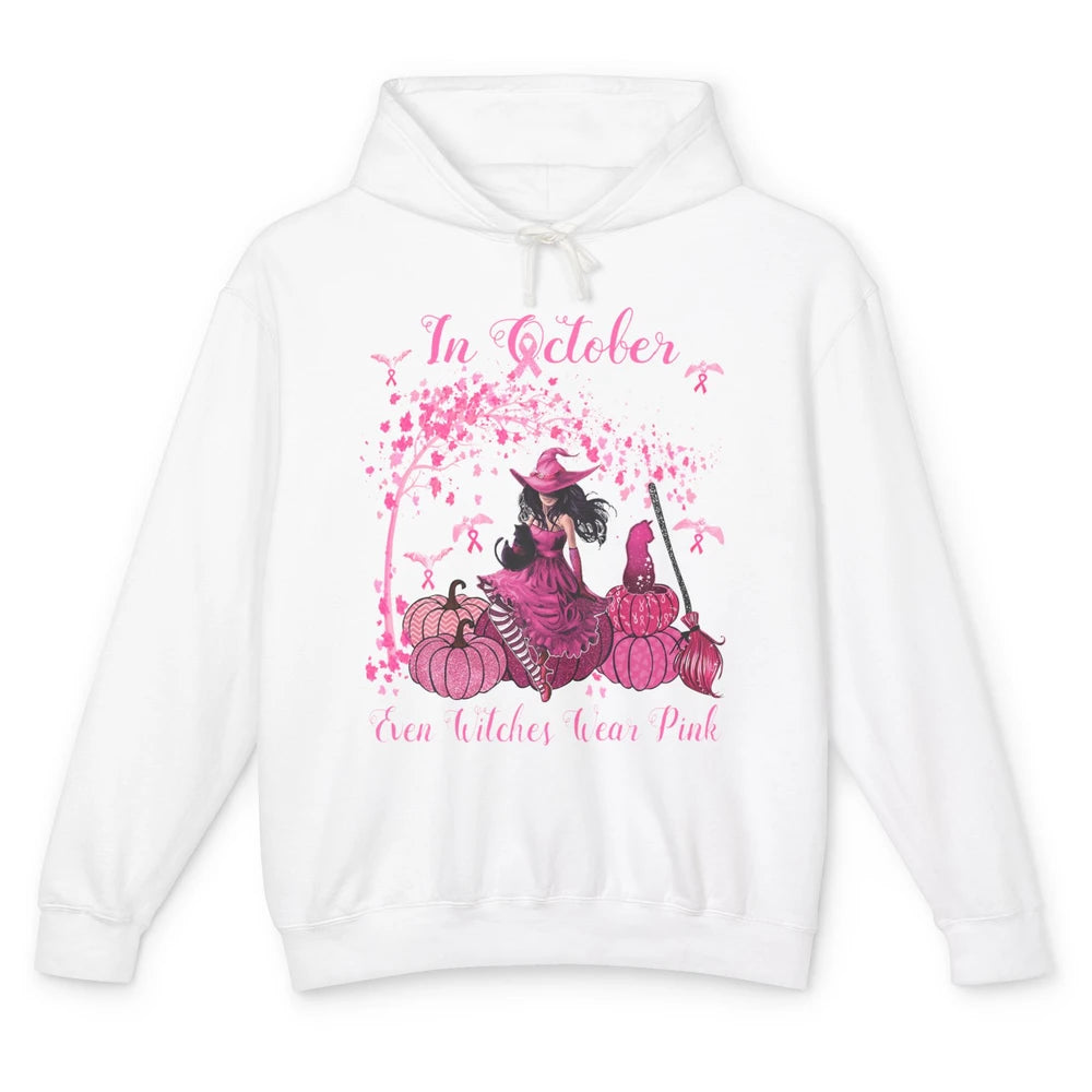 Breast Cancer In October Even Witches Wear Pink Ribbon Fall Unisex Lightweight Hoodie