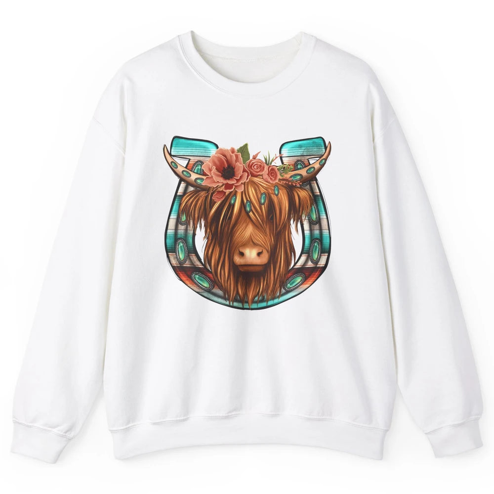 Floral Highland Cow Heifer Horseshoe Western Country Cowboy Unisex Crewneck Sweatshirt