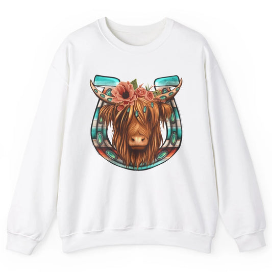 Floral Highland Cow Heifer Horseshoe Western Country Cowboy Unisex Crewneck Sweatshirt