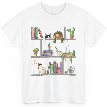 Funny Cats Lying On Floral Bookshelf Book Kitten Minimalist Classic Unisex T-Shirt