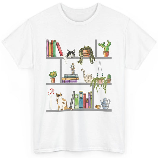 Funny Cats Lying On Floral Bookshelf Book Kitten Minimalist Classic Unisex T-Shirt