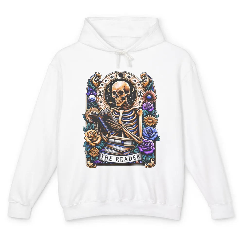 The Reader Tarot Card Halloween Reading Book Skeleton Floral Skull Bookish Bookworm Unisex Lightweight Hoodie