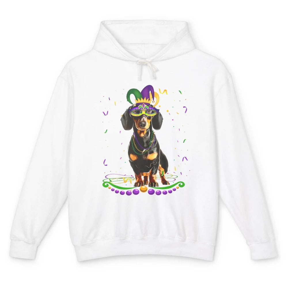 Mardi Gras Dachshund Wearing Carnival Mask Festival Dog Mom Unisex Lightweight Hoodie