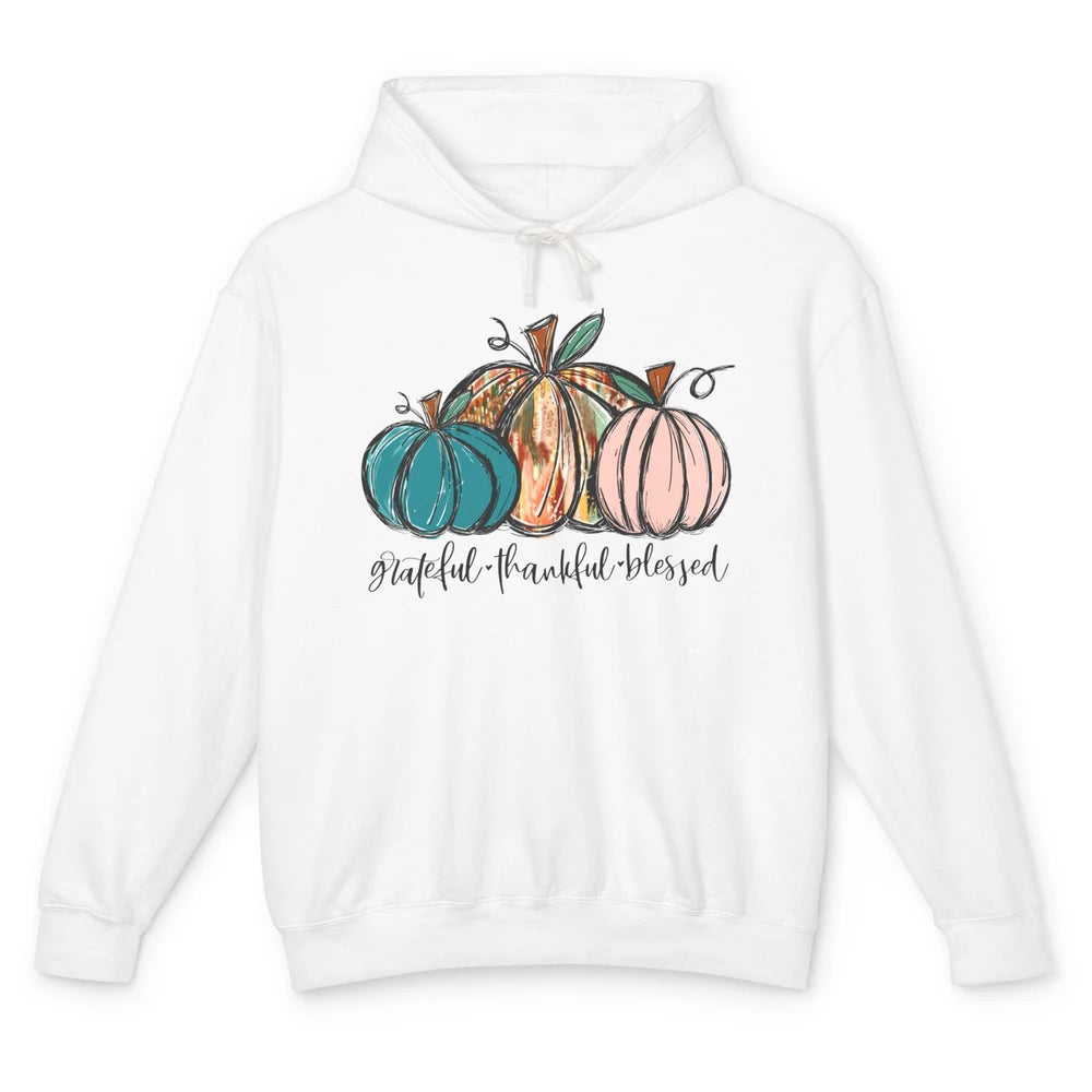 Grateful Thankful Blessed Doodle Pumpkin Fall Thanksgiving Unisex Lightweight Hoodie