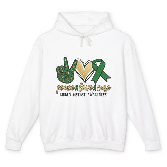 Peace Love Cure Kidney Disease Awareness Green Ribbon Heart Unisex Lightweight Hoodie