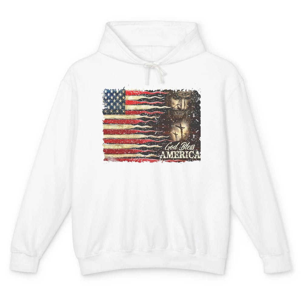 Retro US Flag Jesus Cross God Bless America Patriot July 4th Unisex Lightweight Hoodie