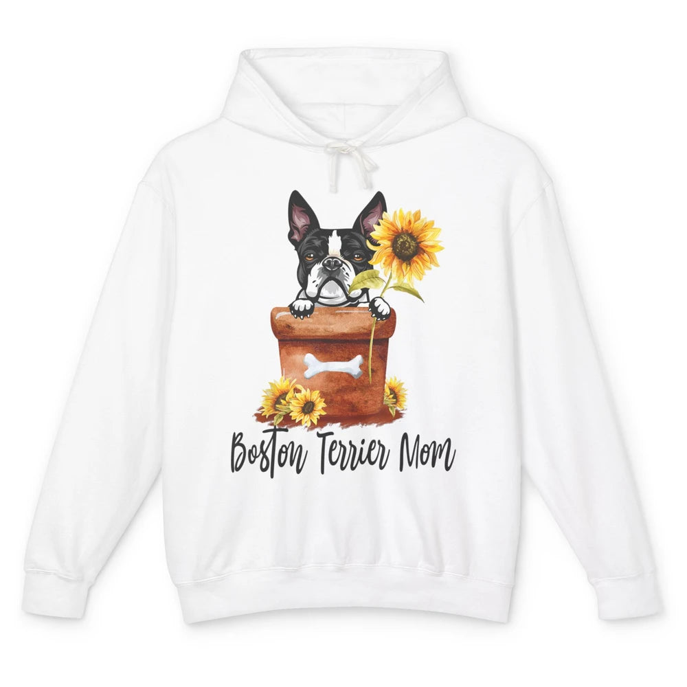 Funny Boston Terrier Dog Face Sunflowers Puppy Dog Mom Mama Unisex Lightweight Hoodie