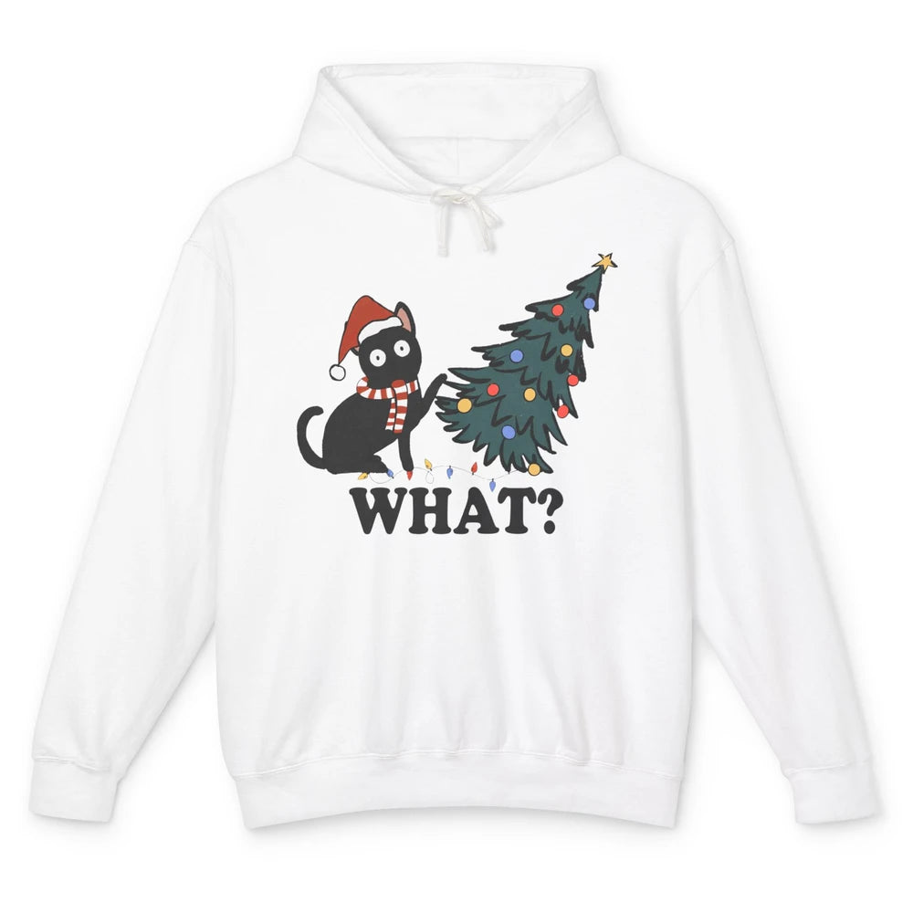 Funny Black Cat Pushing Christmas Tree What? Christmas Cat Unisex Lightweight Hoodie