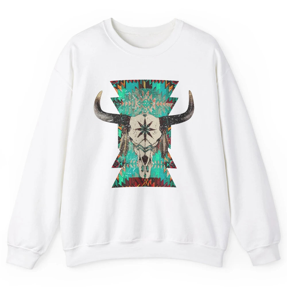 Boho Bull Skull Turquoise Aztec Western Country Rodeo Cowboy Unisex Crewneck Sweatshirt