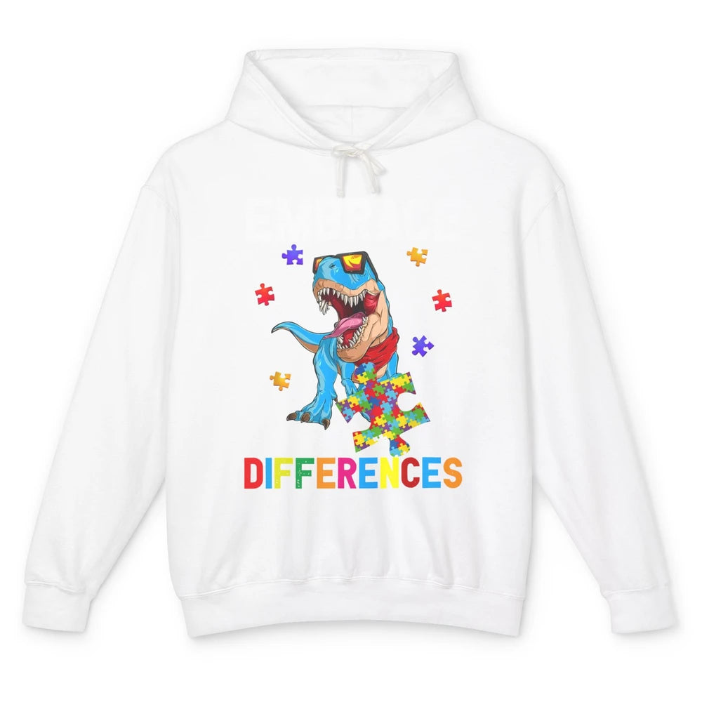 Autism Awareness Dinosaur Puzzle Piece Embrace Differences Unisex Lightweight Hoodie