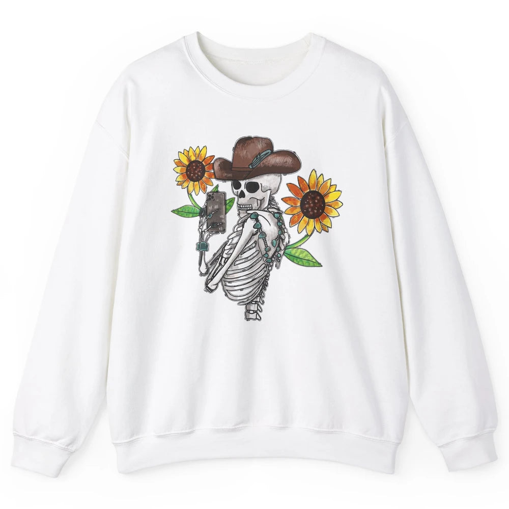 Western Cowboy Hat Skeleton Sunflower Funny Skeleton Selfie Unisex Crewneck Sweatshirt