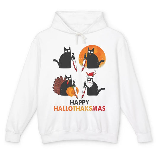 Funny Murderous Cat Turkey Hallo-thank-mas Thanksgiving Xmas Unisex Lightweight Hoodie