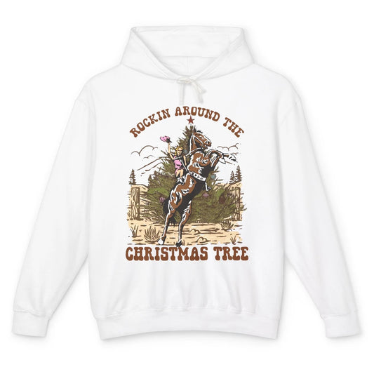 Funny Cowgirl Horsing Rocking Around Christmas Tree Western Unisex Lightweight Hoodie