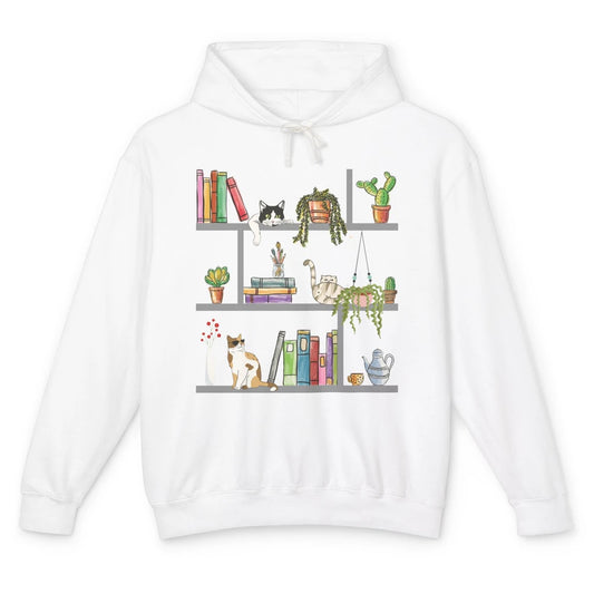 Funny Cats Lying On Floral Bookshelf Book Kitten Minimalist Unisex Lightweight Hoodie