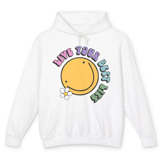 Retro Groovy Smile Face Live Your Best Life Motivational Unisex Lightweight Hoodie