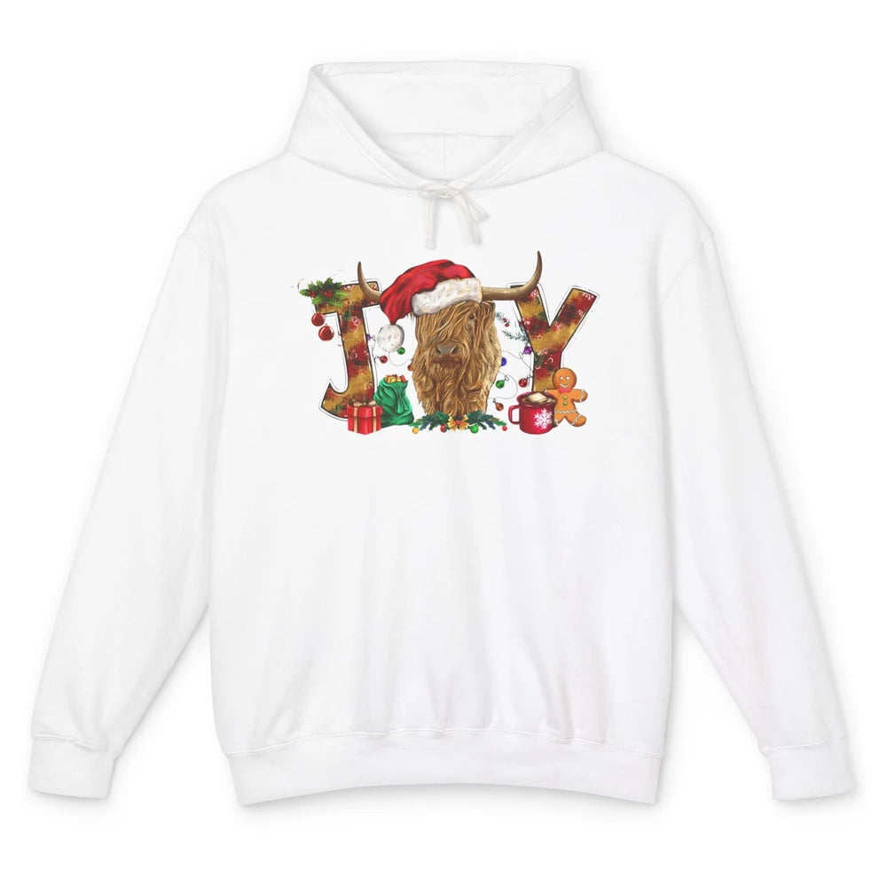 Highland Cow Joy Santa Hat Gingerbread Christmas Farm Gift Unisex Lightweight Hoodie