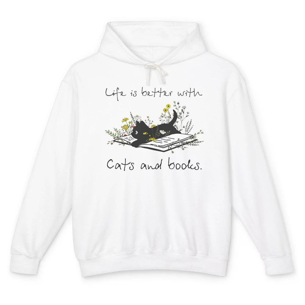 Funny Black Cat And Floral Book Cute Kitten Minimal Flowers Unisex Lightweight Hoodie