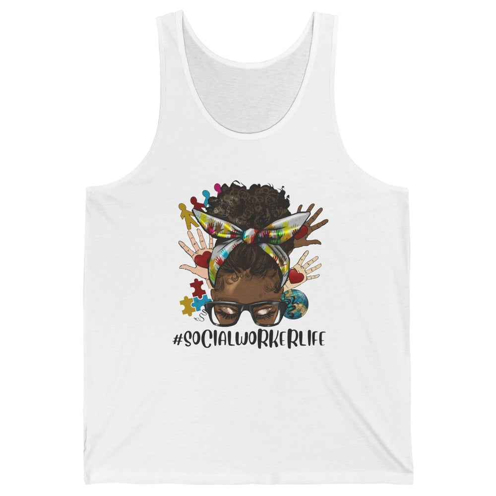 Social Worker Life Messy Bun Black Girl Glasses Be Kind Unisex Jersey Tank