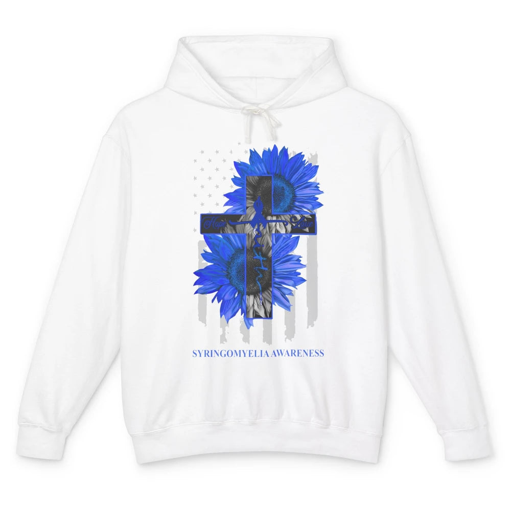 Syringomyelia Awareness Faith Hope Love Blue Ribbon US Flag Unisex Lightweight Hoodie