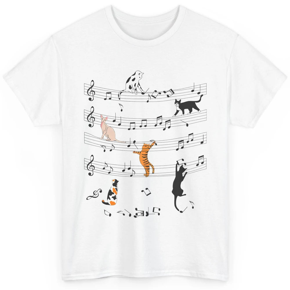 Cat On Music Sheets Cute Music Notes Funny Cat Musician Classic Unisex T-Shirt