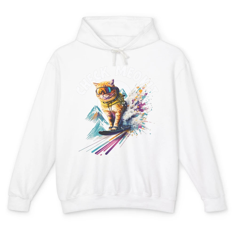 Funny Skiing Skier Check Meowt Humor Orange Cat Watercolor Unisex Lightweight Hoodie