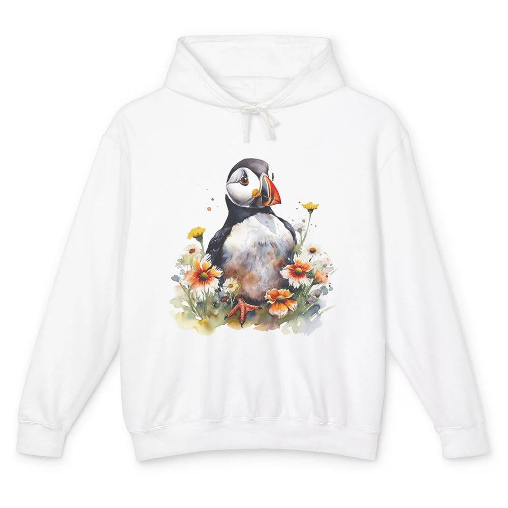 Funny Watercolor Penguin Colorful Wildflowers Field Animal Unisex Lightweight Hoodie