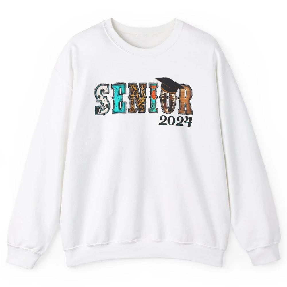 Sunflower Leopard Senior 2024 Graduate Bachelor Western Grad Unisex Crewneck Sweatshirt