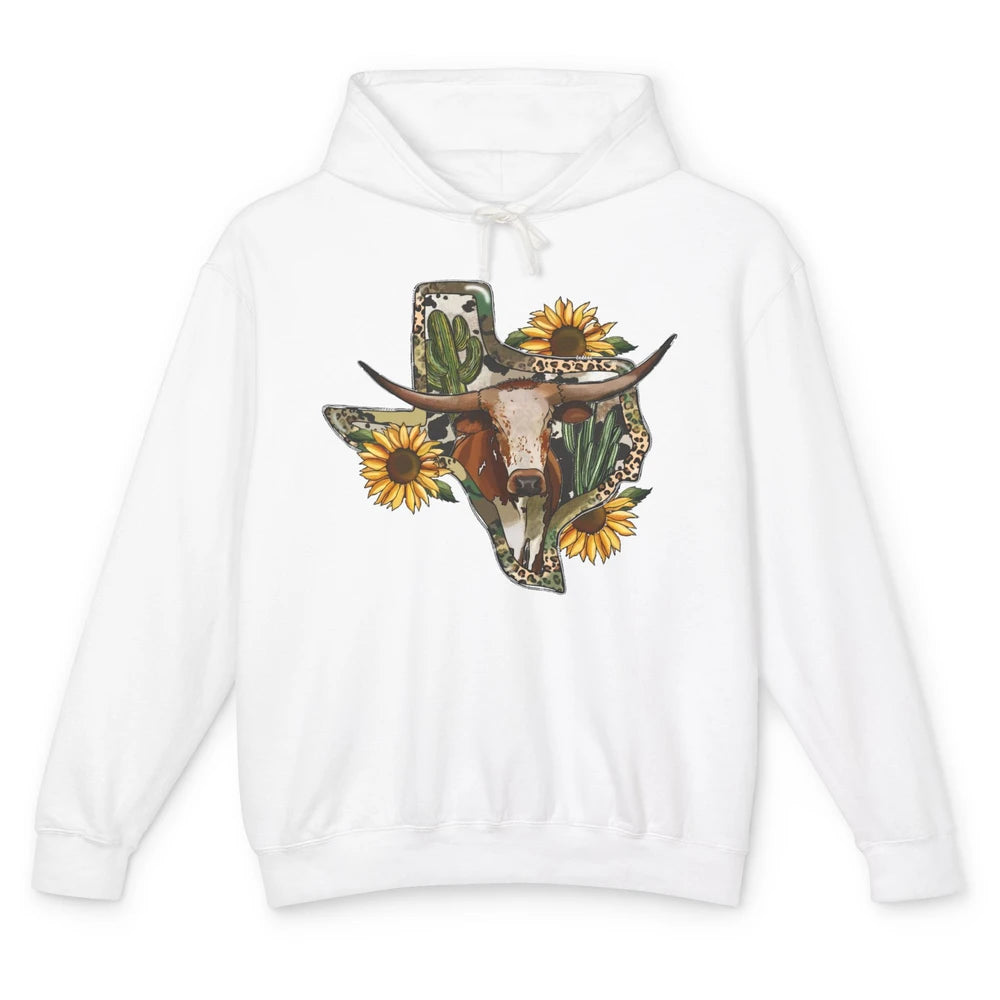 Texas Map Leopard Sunflower Western Texas Cow Longhorn Unisex Lightweight Hoodie