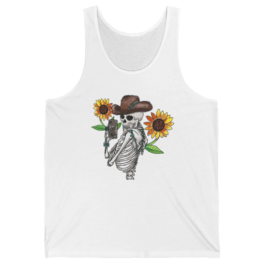 Western Cowboy Hat Skeleton Sunflower Funny Skeleton Selfie Unisex Jersey Tank