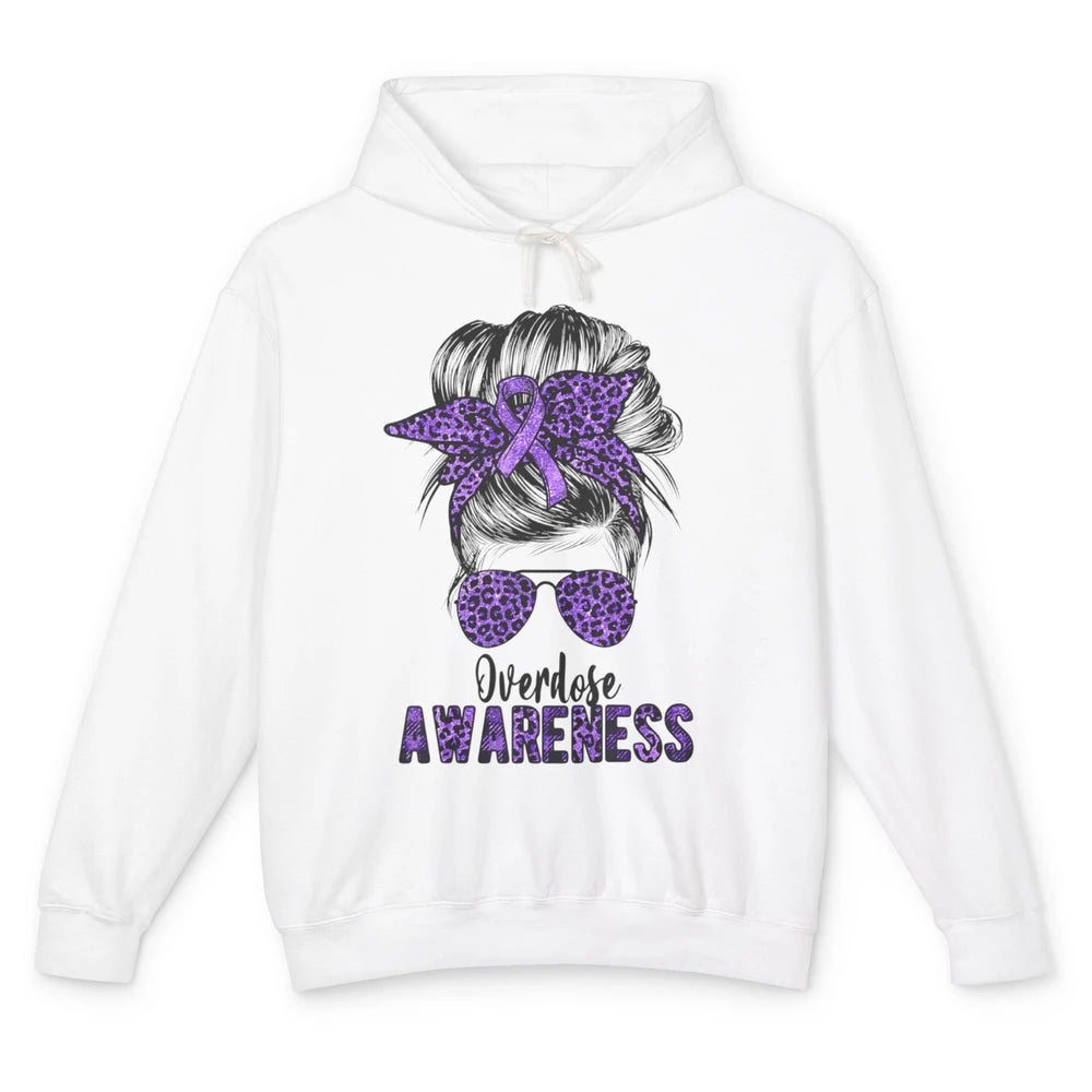 Overdose Awareness Messy Hair Bun Purple Leopard Warrior Unisex Lightweight Hoodie