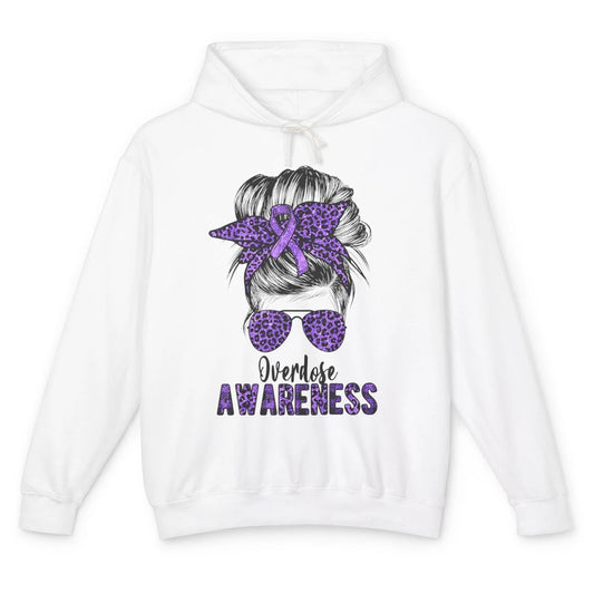 Overdose Awareness Messy Hair Bun Purple Leopard Warrior Unisex Lightweight Hoodie