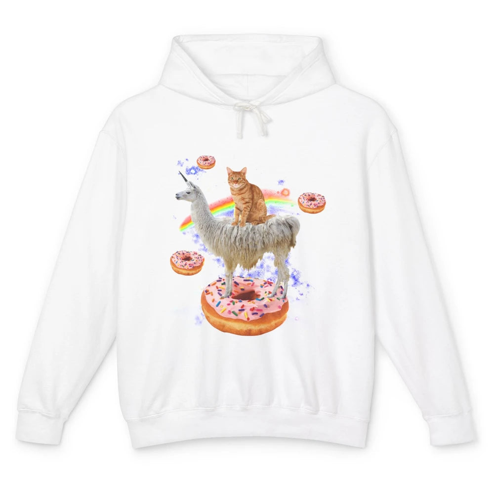 Funny Astronaut Cat Space Cat Riding Llama And Donuts Galaxy Unisex Lightweight Hoodie