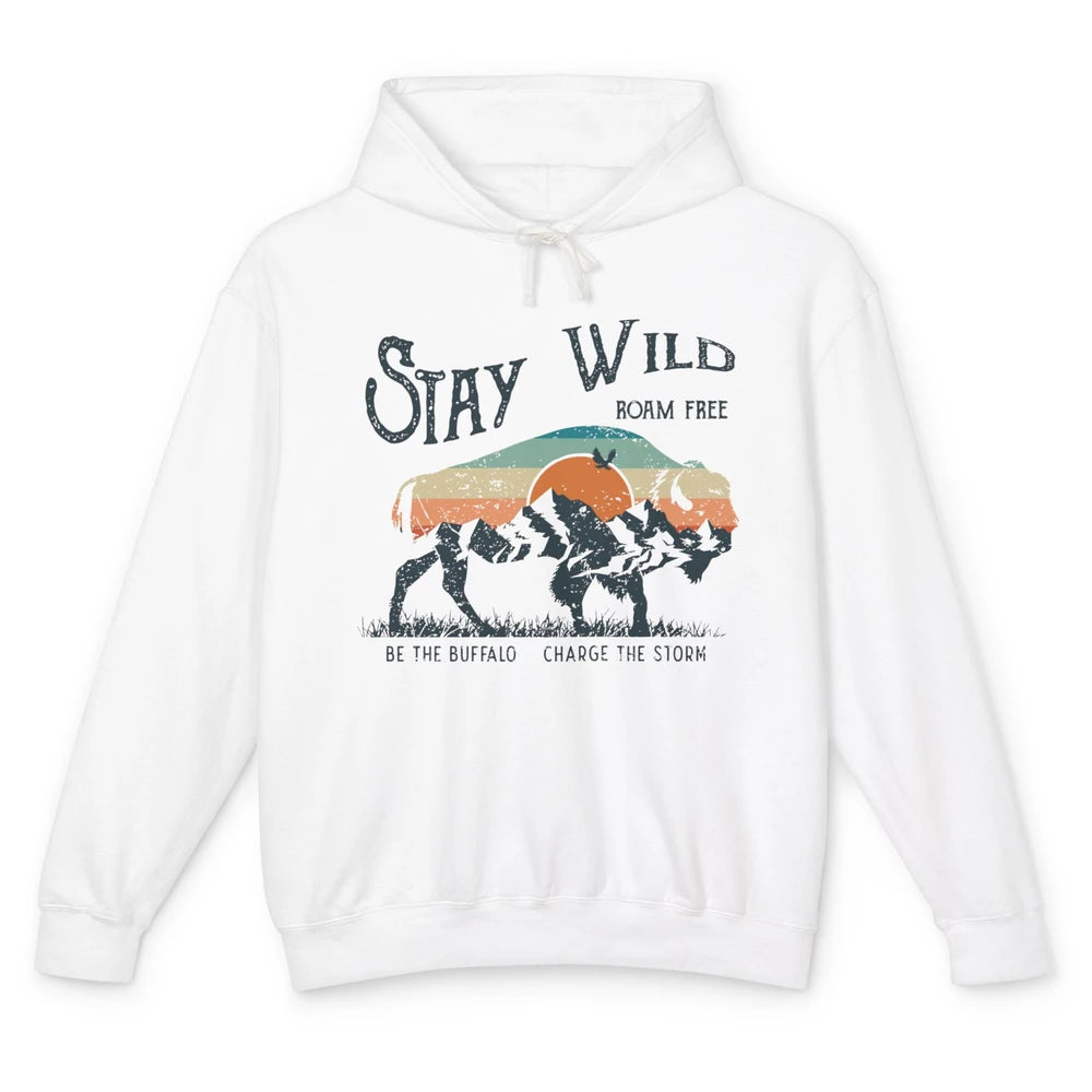 Retro Buffalo Mountain Sunset Stay Wild Roam Free Western Unisex Lightweight Hoodie