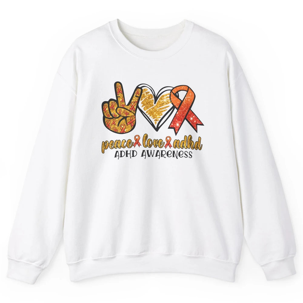 ADHD Awareness Month Peace Love ADHD Orange Ribbon Unisex Crewneck Sweatshirt