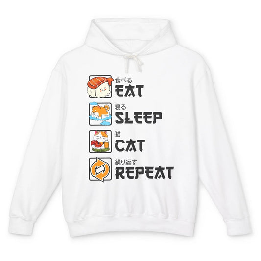 Funny Cat Neko Sushi Eat Sleep Cat Repeat Japanese Kawaii Unisex Lightweight Hoodie