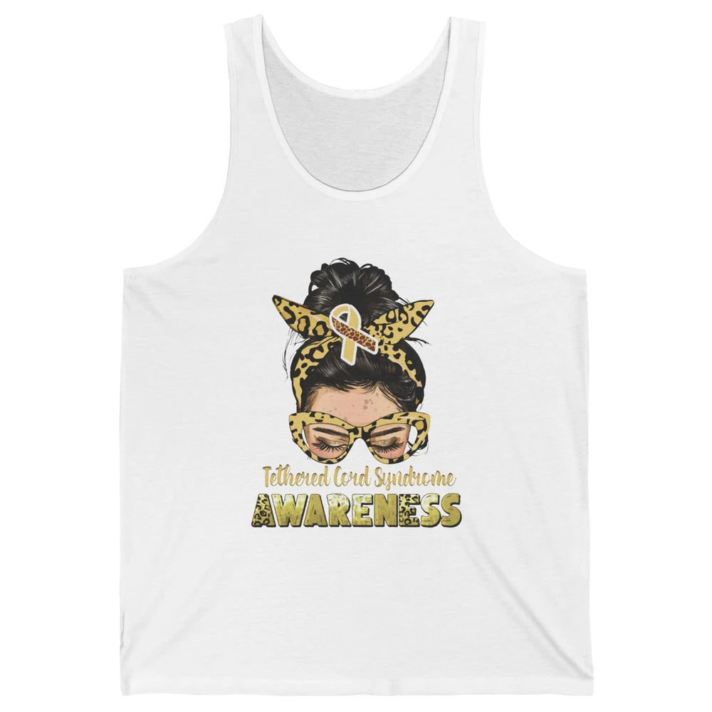 Tethered Cord Syndrome Ribbon Leopard Messy Bun Mom Glasses Unisex Jersey Tank