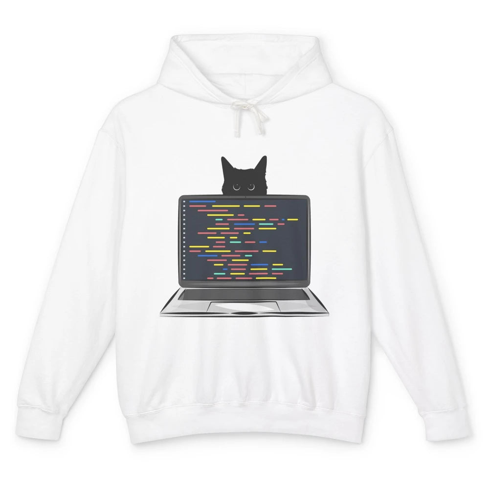 Funny Software Engineer Black Cat Coding Computer Code Humor Unisex Lightweight Hoodie