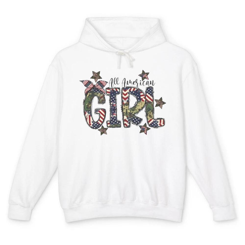 All American Girl American Flag Patriotic Military 4th July Unisex Lightweight Hoodie