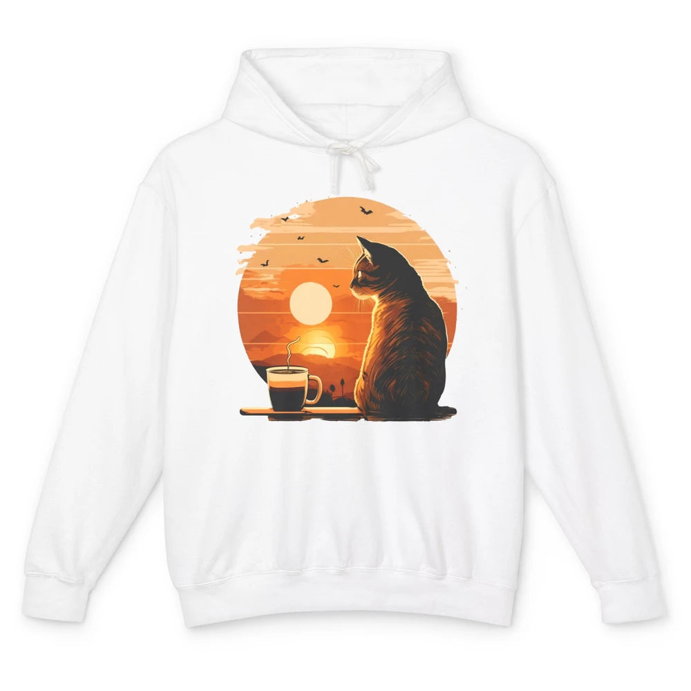 Coffee Cat And Vintage Sunset Love Drinking Coffee At Sunset Unisex Lightweight Hoodie