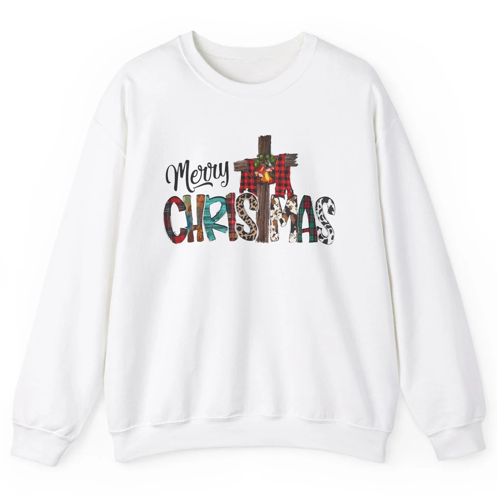 Leopard Jesus Cross Merry Christmas Christian Western Xmas Unisex Crewneck Sweatshirt